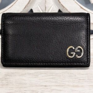 Gucci Black Pebbled Leather Card Holder Wallet GG Logo Compact